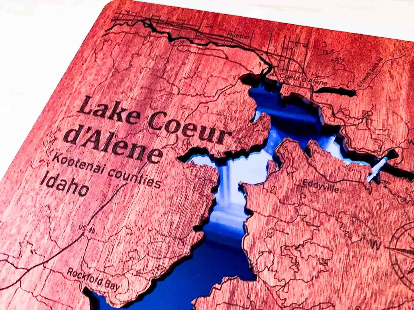 Custom Wood and Blue Mirror Lake Map