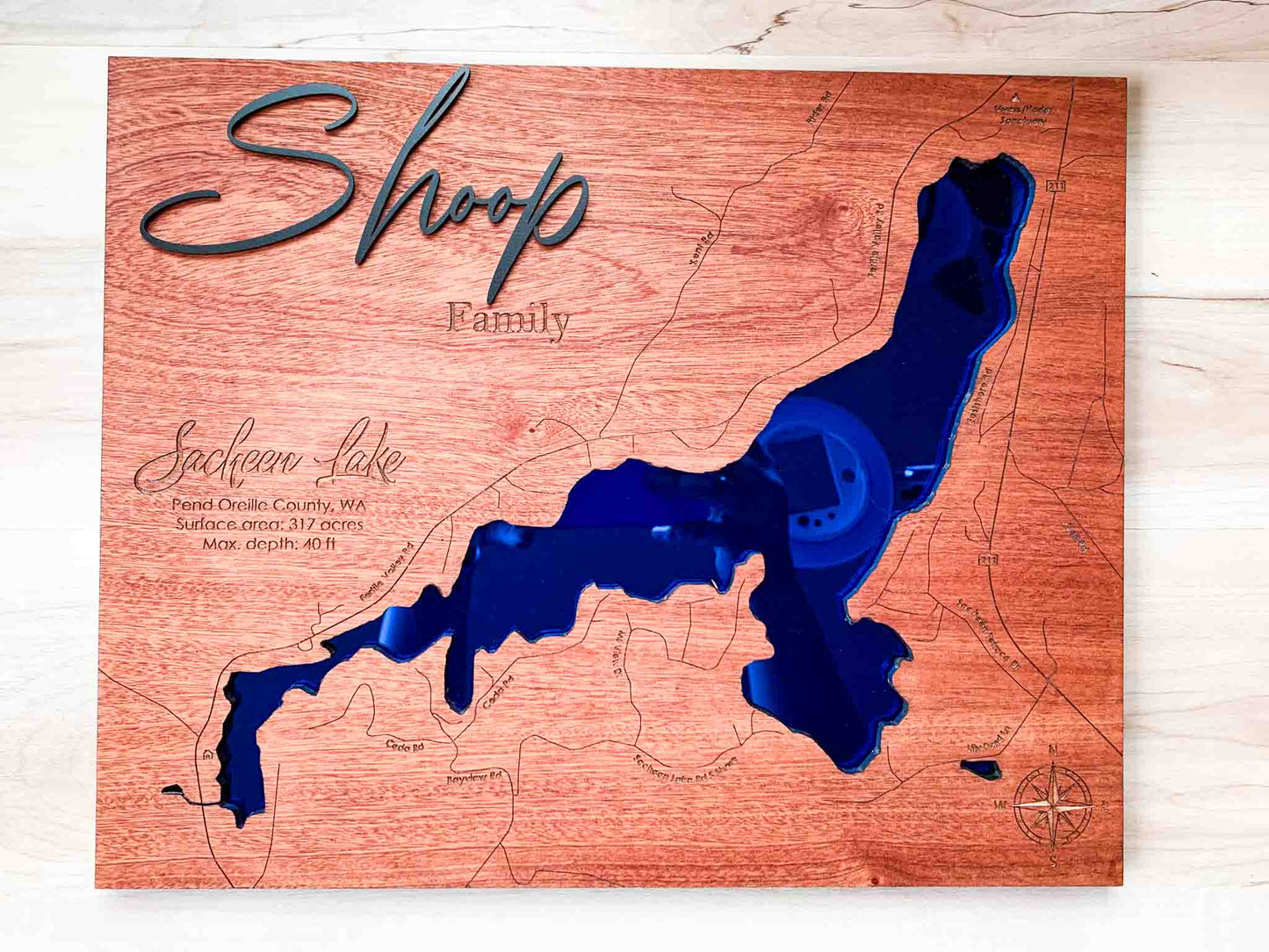 Custom Wood and Blue Mirror Lake Map