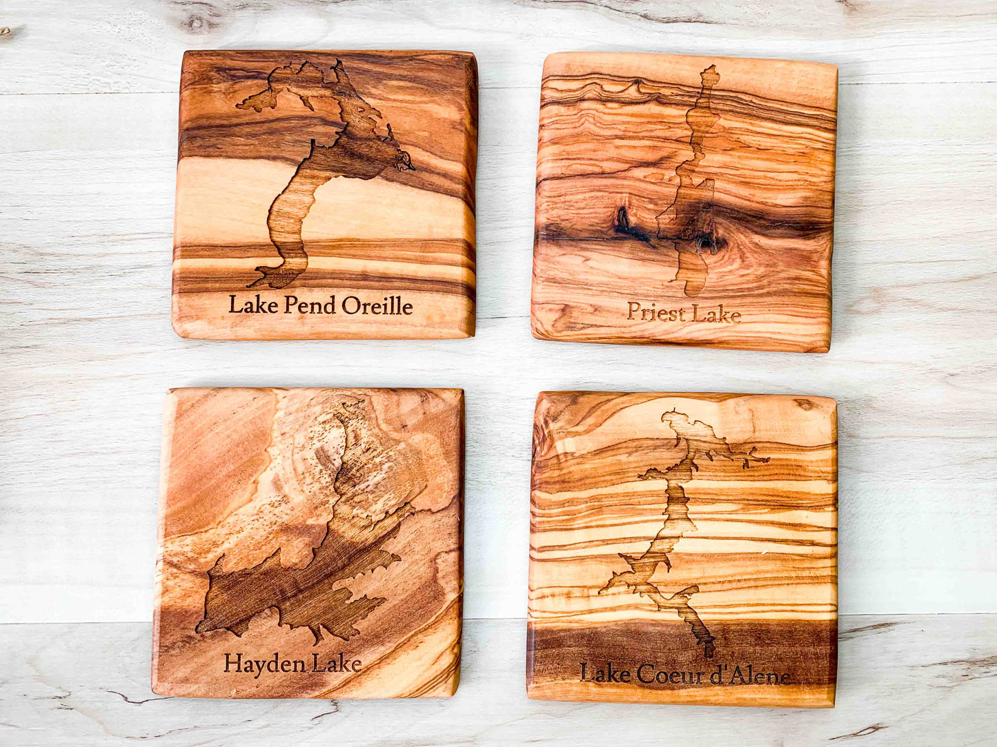 Personalized Local Lakes Olive Wood Coasters